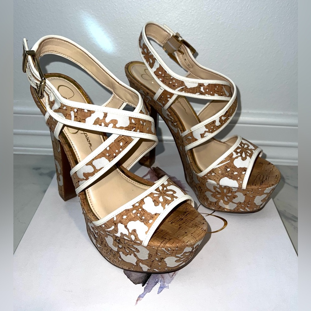Jessica Simpson White and Cork Floral Platform Heels